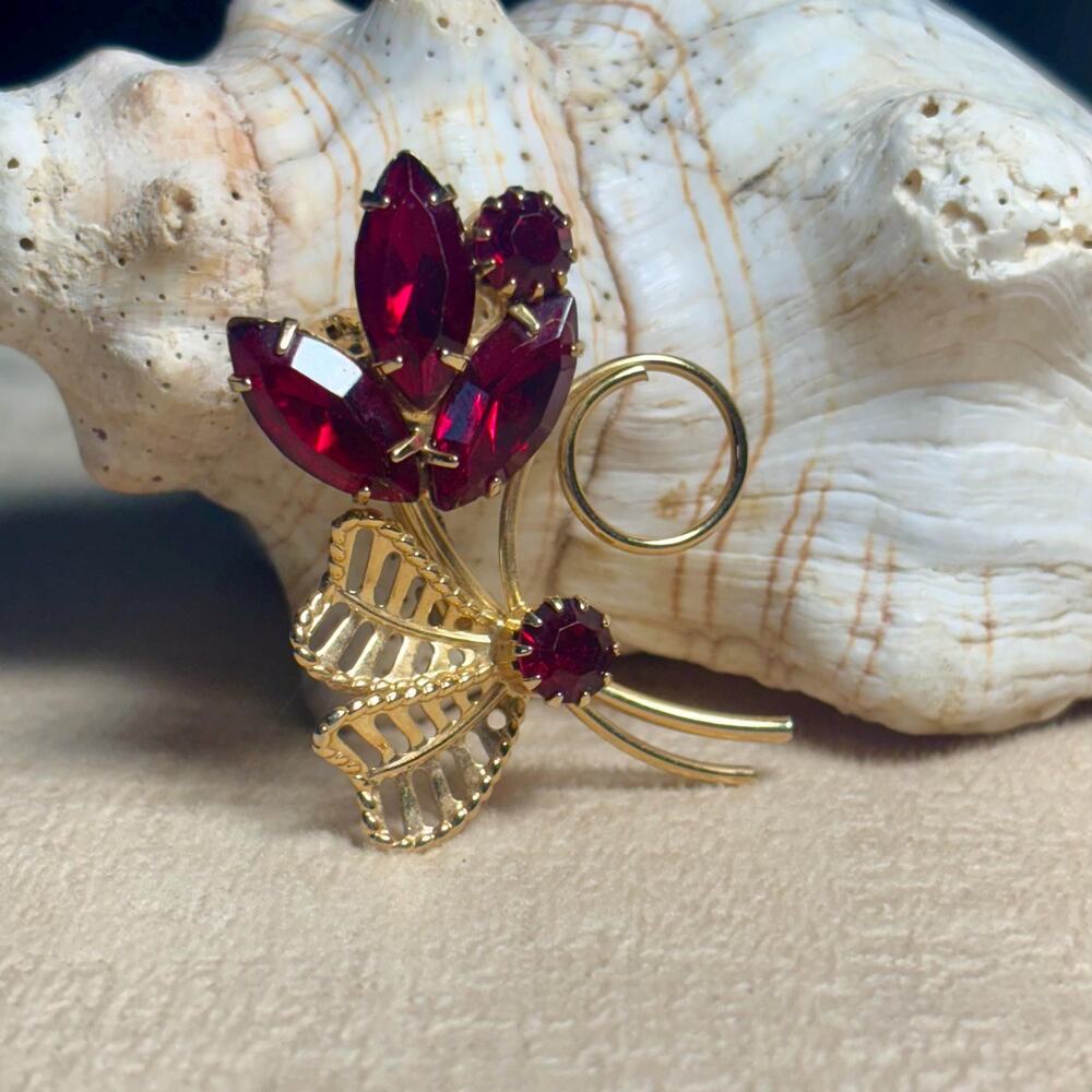 Gold Tone Red Rhinestone Flower Brooch Floral Statement Pin